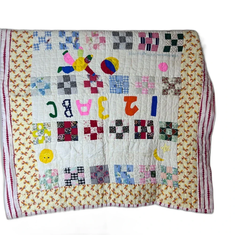 Vintage 90s Handmade Hand-quilted Applique Colorful Baby/Child Crib Quilt